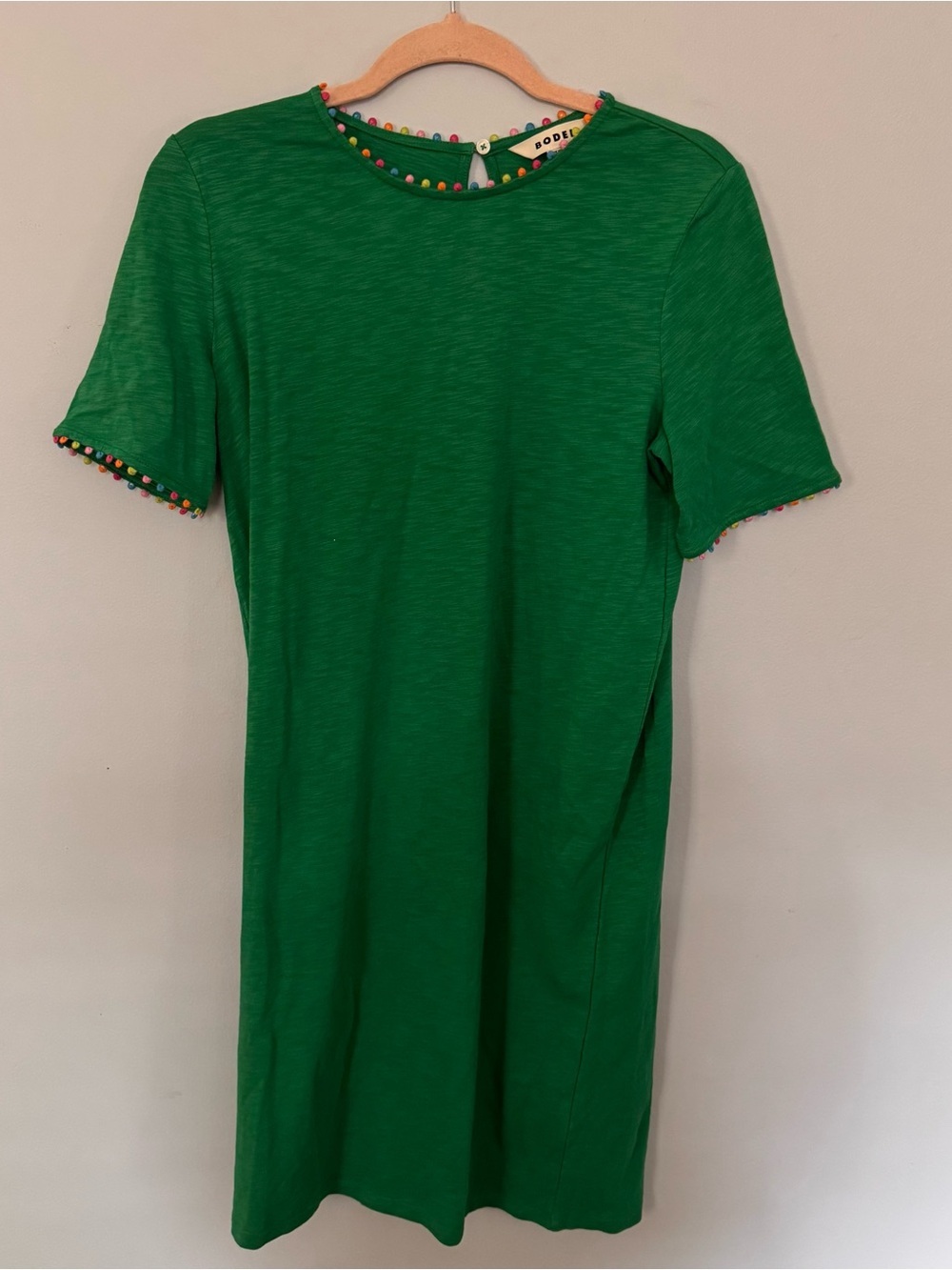 Boden Ali Pom Trim Dress Green Women's 6L Short Sleeve Cotton Jersey Shift Dress